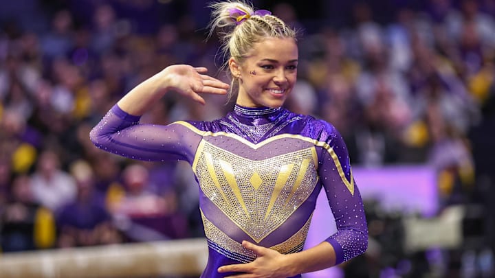 LSU’s Livvy Dunne competes on the floor during NCAA, College League, USA Gymnastics action between the Florida Gators and the LSU Tigers. LSU’s Livvy Dunne competes on the floor during NCAA, College League, USA Gymnastics action between the Florida Gators and the LSU Tigers.