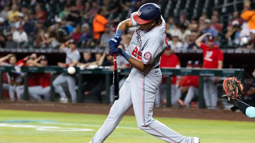 May 30, 2025; Phoenix, Arizona, USA; Washington Nationals outfielder James Wood against the Arizona Diamondbacks at Chase Field. 