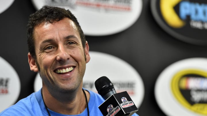 Jul 19, 2015; Loudon, NH, USA; Movie actor Adam Sandler speaks to the media before the 5-Hour Energy 301 at New Hampshire Motor Speedway. Mandatory Credit: Jasen Vinlove-USA TODAY Sports