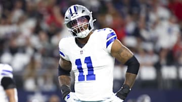 Nov 18, 2024; Arlington, Texas, USA;  Dallas Cowboys linebacker Micah Parsons (11) reacts during the first quarter against the Houston Texans at AT&T Stadium. Mandatory Credit: Kevin Jairaj-Imagn Images