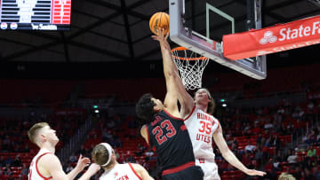 Feb 29, 2024; Salt Lake City, Utah, USA; Stanford Cardinal forward Brandon Angel (23) has a shot blocked. 