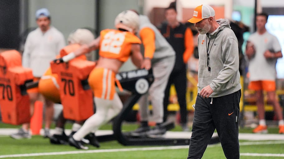 Tennessee defensive coordinator Jim Knowles during the Vols' first spring football practice in Knoxville.