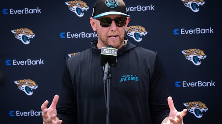 Jacksonville Jaguars head coach Liam Coen answers questions during a press conference after the seventh organized team activity at the Miller Electric Center in Jacksonville, Fla. Monday, June 2, 2025. [Doug Engle/Florida Times-Union]