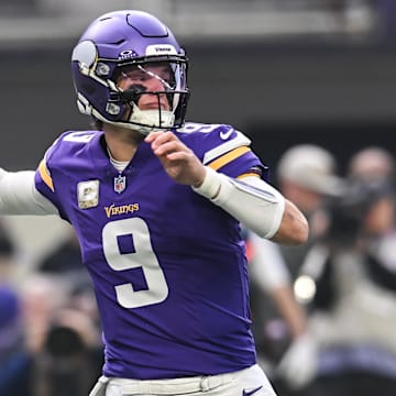 Nov 9, 2025; Minneapolis, Minnesota, USA; Minnesota Vikings quarterback J.J. McCarthy (9) throws a pass against the Baltimore Ravens during the first quarter at U.S. Bank Stadium. Mandatory Credit: Jeffrey Becker-Imagn Images