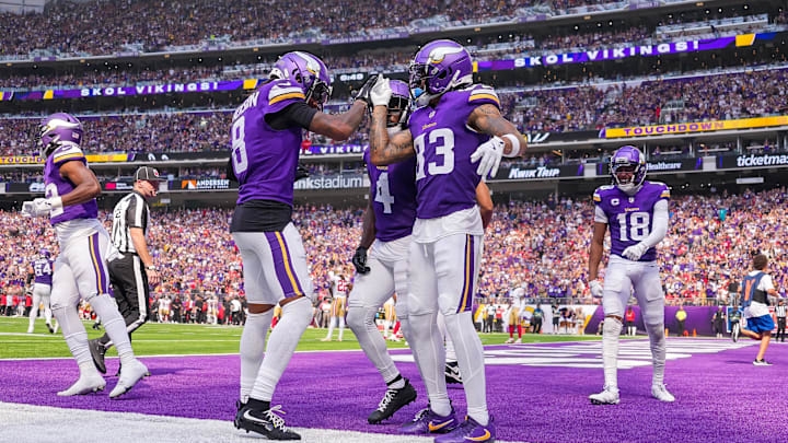 Sep 15, 2024; Minneapolis, Minnesota, USA; Minnesota Vikings wide receiver Jalen Nailor (83) celebrates his touchdown against the San Francisco 49ers in the third quarter at U.S. Bank Stadium. Mandatory Credit: Brad Rempel-Imagn Images