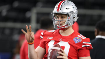 Dec 29, 2017; Arlington, TX, USA; Ohio State Buckeyes quarterback Joe Burrow (10) throws prior to the game against the Southern California Trojans in the 2017 Cotton Bowl at AT&T Stadium. Mandatory Credit: Matthew Emmons-USA TODAY Sports