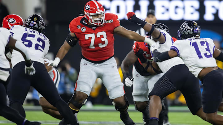 Jan 9, 2023; Inglewood, CA, USA; Georgia Bulldogs offensive lineman Xavier Truss (73) against the TCU Horned Frogs during the CFP national championship game at SoFi Stadium. Mandatory Credit: Mark J. Rebilas-Imagn Images Jan 9, 2023; Inglewood, CA, USA; Georgia Bulldogs offensive lineman Xavier Truss (73) against the TCU Horned Frogs during the CFP national championship game at SoFi Stadium. Mandatory Credit: Mark J. Rebilas-Imagn Images