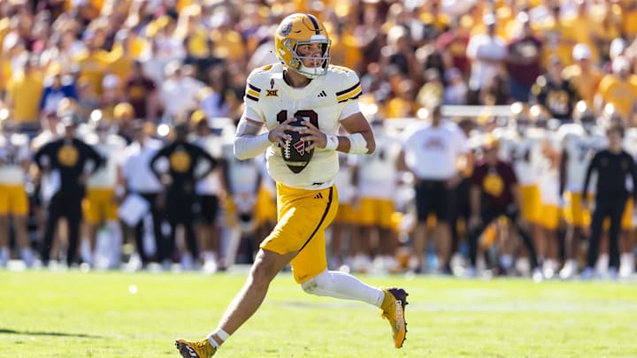 Oct 18, 2025; Tempe, Arizona, USA; Arizona State Sun Devils quarterback Sam Leavitt (10) against the Texas Tech Red Raiders at Mountain America Stadium. Mandatory Credit: Mark J. Rebilas-Imagn Images