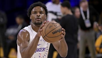 Los Angeles Lakers guard Bronny James warms up prior to the game against the Minnesota Timberwolves.