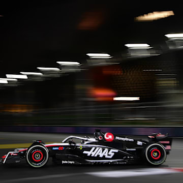 Nov 18, 2023; Las Vegas, Nevada, USA; Haas F1 driver Nico Hulkenberg of Germany (27) during the Las Vegas Grand Prix at Las Vegas Strip Circuit. Mandatory Credit: Gary A. Vasquez-Imagn Images