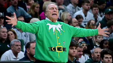 Dec 21, 2022; East Lansing, Michigan, USA;  Michigan State Spartans head coach Tom Izzo disputes a call during a game against the Oakland Golden Grizzlies at Jack Breslin Student Events Center. Mandatory Credit: Dale Young-Imagn Images