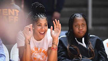 Candace Parker waving to someone at the NCAA college basketball game between the Tennessee Lady Vols and Georgia on Sunday, January 15, 2023 in Knoxville, Tenn.

Lady Vols Baskeball