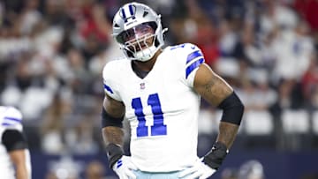 Nov 18, 2024; Arlington, Texas, USA;  Dallas Cowboys linebacker Micah Parsons (11) reacts during the first quarter against the Houston Texans at AT&T Stadium.
