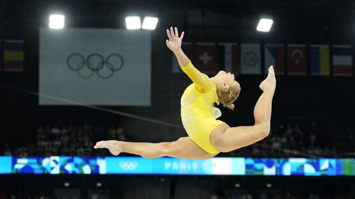 Aug 1, 2024; Paris, France; Flavia Saraiva of Brazil competes on the beam in the womenís gymnastics all-around during the Paris 2024 Olympic Summer Games at Bercy Arena. 