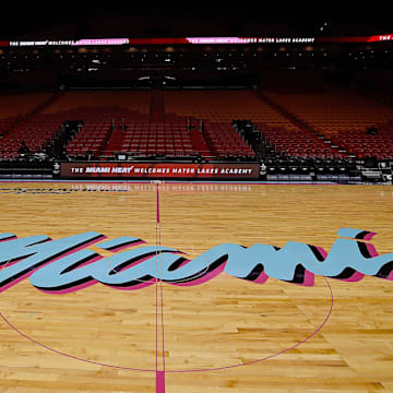 Nov 9, 2018; Miami, FL, USA; A detailed view of the special Miami Heat Vice Nights logo on the court prior to the game between the between the Miami Heat and the Indiana Pacers at American Airlines Arena. Mandatory Credit: Jasen Vinlove-Imagn Images