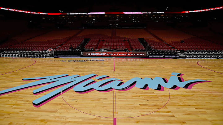 Nov 9, 2018; Miami, FL, USA; A detailed view of the special Miami Heat Vice Nights logo on the court prior to the game between the between the Miami Heat and the Indiana Pacers at American Airlines Arena. Mandatory Credit: Jasen Vinlove-Imagn Images