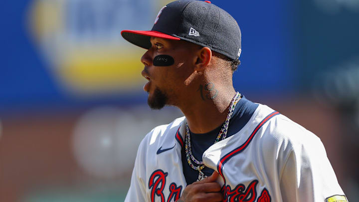 Atlanta Braves outfielder Ronald Acuna Jr. (13) walks to the dugout during the game against the Pittsburgh Pirates during the third inning at Truist Park. M