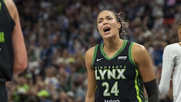 Sep 21, 2025; Minneapolis, Minnesota, USA; Minnesota Lynx forward Napheesa Collier (24) celebrates after defeating the Phoenix Mercury during game one of the second round for the 2025 WNBA Playoffs at Target Center. Mandatory Credit: Jesse Johnson-Imagn Images