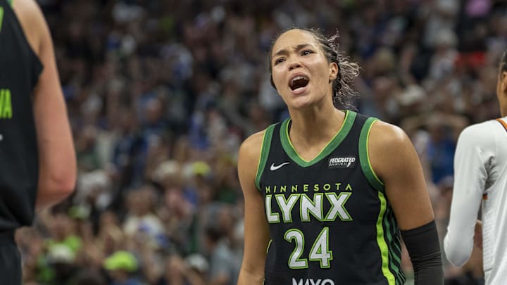 Sep 21, 2025; Minneapolis, Minnesota, USA; Minnesota Lynx forward Napheesa Collier (24) celebrates after defeating the Phoenix Mercury during game one of the second round for the 2025 WNBA Playoffs at Target Center. Mandatory Credit: Jesse Johnson-Imagn Images