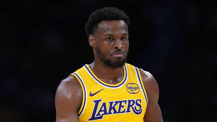 Apr 18, 2026; Los Angeles, California, USA; Los Angeles Lakers guard Bronny James (9) and father LeBron James (23) react in the first half against the Houston Rockets during game one of the first round of the 2026 NBA Playoffs at Crypto.com Arena. Mandatory Credit: Kirby Lee-Imagn Images