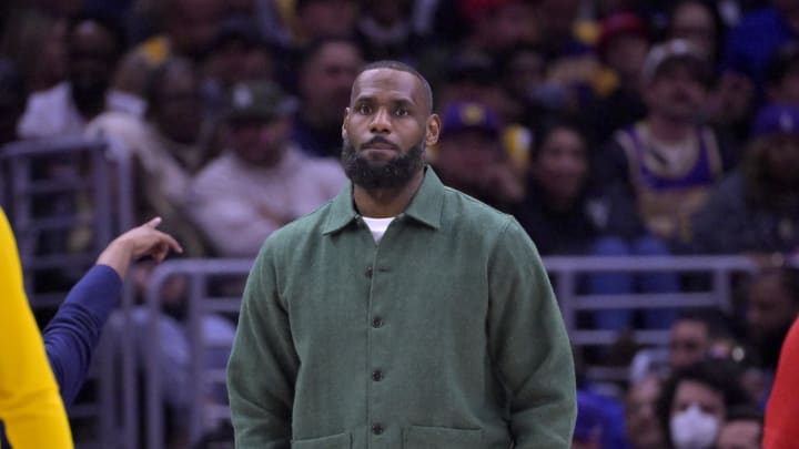 Jan 23, 2024; Los Angeles, California, USA; Los Angeles Lakers forward LeBron James (23) looks on from the bench in the second half against the Los Angeles Clippers at Crypto.com Arena. Mandatory Credit: Jayne Kamin-Oncea-USA TODAY Sports