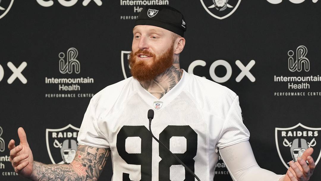 Jun 3, 2026; Henderson, NV, USA; Las Vegas Raiders defensive end Maxx Crosby (98) speaks during a news conference during organized team activities at Intermountain Health Performance Center. Mandatory Credit: Candice Ward-Imagn Images