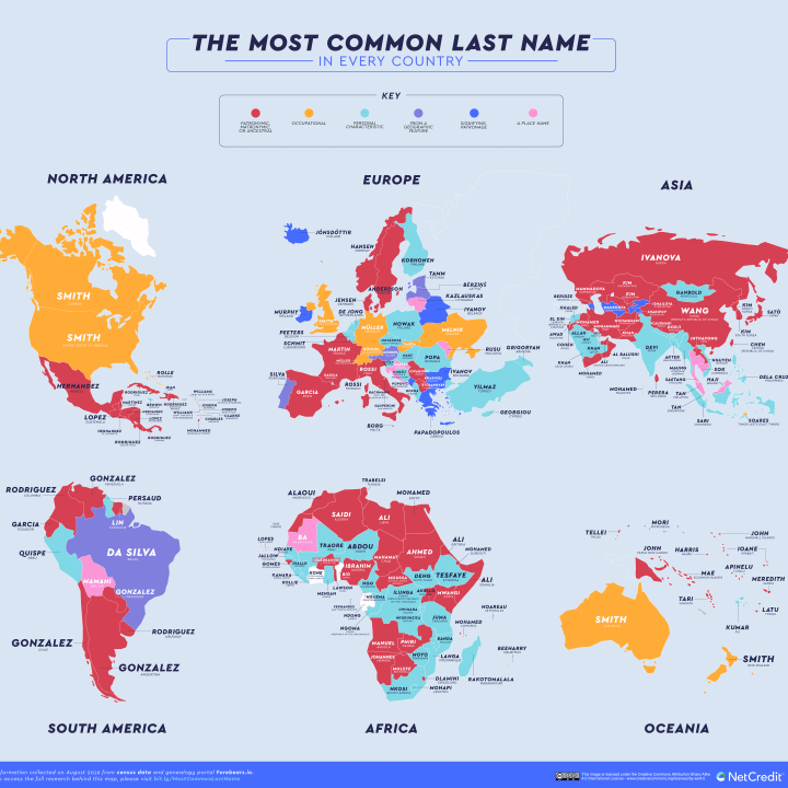 A map of the most common last name in every country. 