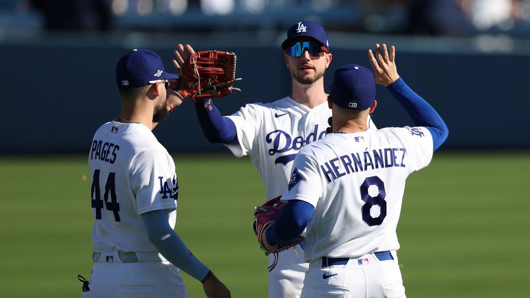 Los Angeles Dodgers outfielder Andy Pages (44), outfielder Kyle Tucker (23) and first baseman Enrique Hernandez (8) react after defeating the Atlanta Braves in game one of the NLDS for the 2026 MLB Playoffs at Uniqlo Field at Dodger Stadium on Oct. 3, 2026. Los Angeles Dodgers outfielder Andy Pages (44), outfielder Kyle Tucker (23) and first baseman Enrique Hernandez (8) react after defeating the Atlanta Braves in game one of the NLDS for the 2026 MLB Playoffs at Uniqlo Field at Dodger Stadium on Oct. 3, 2026.