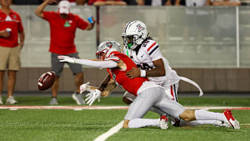 Aug 31, 2024; Tucson, Arizona, USA; Arizona Wildcats defensive back Marquis Groves-Killebrew (20) deflects catch from New Mexico Lobos wide receiver Nic Trujillo (7) during third quarter at Arizona Stadium. Mandatory Credit: Aryanna Frank-Imagn Images