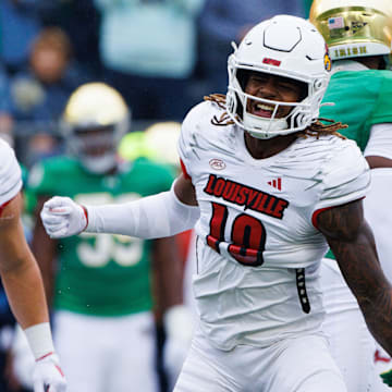 Louisville defensive back Benjamin Perry (10) celebrates a turnover during a NCAA college football game between Notre Dame and Louisville at Notre Dame Stadium on Saturday, Sept. 28, 2024, in South Bend.