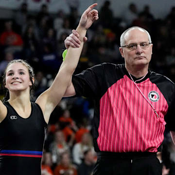 Raccoon River-Northwest’s Katie Biscoglia defeated LeMars’ Keira Hessenius in the Class 2A 105-pound finals at the IGHSAU state wrestling tournament Day 2 Friday, Feb. 7, 2025 at Xtream Arena in Coralville, Iowa.