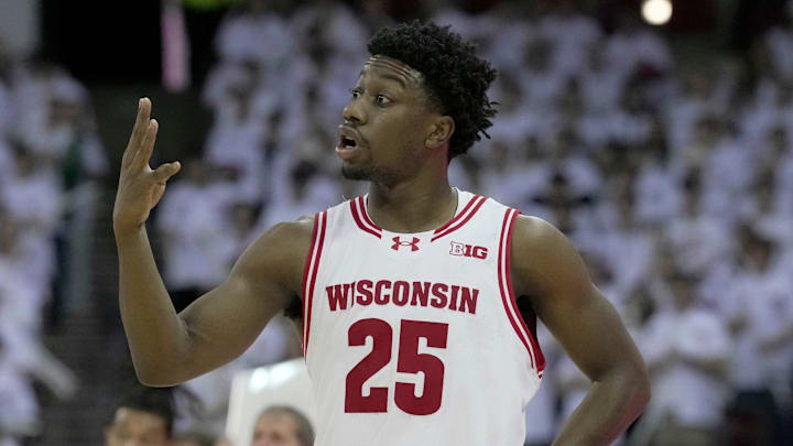 Wisconsin guard John Blackwell (25) relays a play during the second half of their game Sunday, January 25, 2026 at the Kohl Center in Madison, Wisconsin. USC beat Wisconsin 73-71.