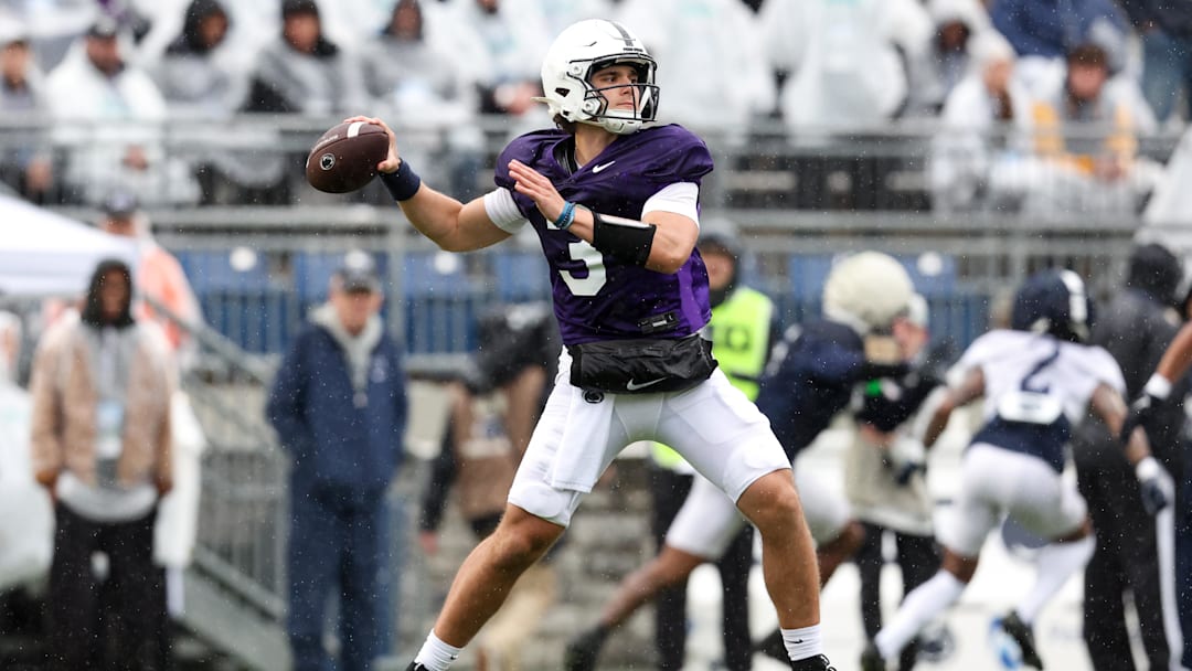Penn State Nittany Lions quarterback Rocco Becht (3) throws a pass during the Blue-White Practice at Beaver Stadium. 