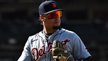 Aug 22, 2024; Chicago, Illinois, USA; Detroit Tigers shortstop Javier Baez (28) is seen during the eighth inning against the Chicago Cubs at Wrigley Field. Mandatory Credit: Patrick Gorski-Imagn Images