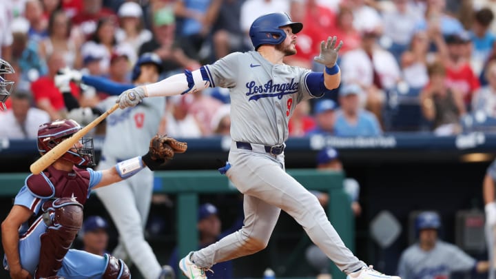 Jul 11, 2024; Philadelphia, Pennsylvania, USA; Los Angeles Dodgers second base Gavin Lux (9) hits a home run during the fifth inning against the Philadelphia Phillies at Citizens Bank Park. Mandatory Credit: Bill Streicher-USA TODAY Sports