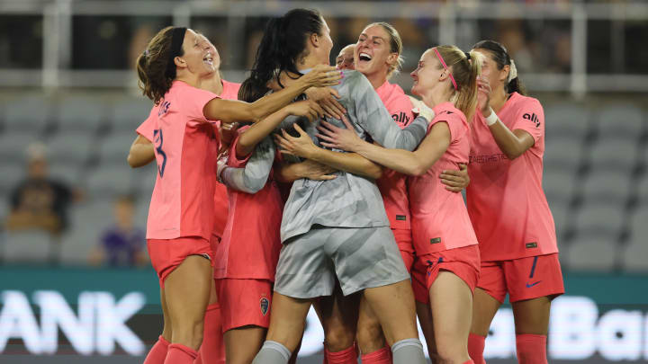 Jul 26, 2024; Louisville, Kentucky, USA; North Carolina Courage celebrates defeating the Racing Louisville FC  at Lynn Family Stadium. Mandatory Credit: EM Dash-USA TODAY Sports