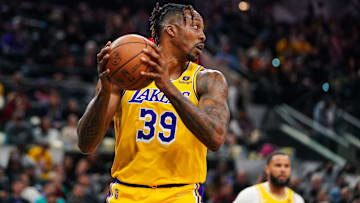 Mar 7, 2022; San Antonio, Texas, USA;  Los Angeles Lakers center Dwight Howard (39) gets a rebound in the first half against the San Antonio Spurs at the AT&T Center. Mandatory Credit: Daniel Dunn-Imagn Images