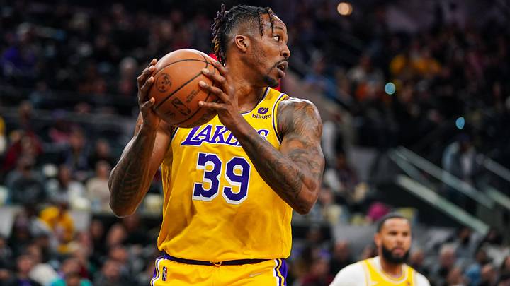 Mar 7, 2022; San Antonio, Texas, USA;  Los Angeles Lakers center Dwight Howard (39) gets a rebound in the first half against the San Antonio Spurs at the AT&T Center. Mandatory Credit: Daniel Dunn-Imagn Images