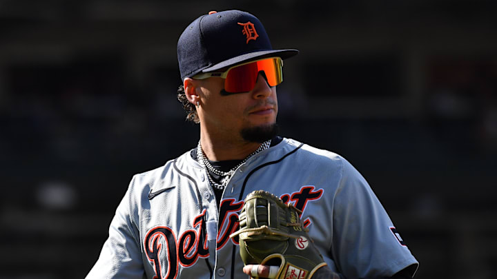 Aug 22, 2024; Chicago, Illinois, USA; Detroit Tigers shortstop Javier Baez (28) is seen during the eighth inning against the Chicago Cubs at Wrigley Field. Mandatory Credit: Patrick Gorski-Imagn Images