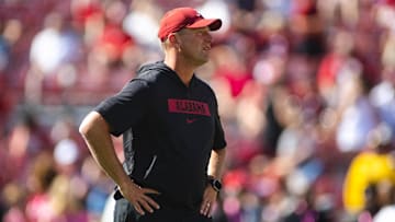Oct 26, 2024; Tuscaloosa, Alabama, USA;  Alabama Crimson Tide head coach Kalen DeBoer walks along the field during warmups before a game against the Missouri Tigers at Bryant-Denny Stadium. Mandatory Credit: Will McLelland-Imagn Images
