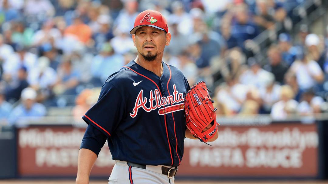 Feb 26, 2026; Tampa, Florida, USA; Atlanta Braves starting pitcher Carlos Carrasco (59) walks to the dugout after a pitching change in the first inning against the New York Yankees at George M. Steinbrenner Field. Mandatory Credit: Kim Klement Neitzel-Imagn Images Feb 26, 2026; Tampa, Florida, USA; Atlanta Braves starting pitcher Carlos Carrasco (59) walks to the dugout after a pitching change in the first inning against the New York Yankees at George M. Steinbrenner Field. Mandatory Credit: Kim Klement Neitzel-Imagn Images