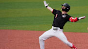 Georgia outfielder Nolan McCarthy (19) celebrates after stealing second during a NCAA baseball game against Texas A&M in Athens, Ga., on Friday, May 16, 2025.