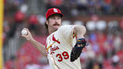 Sep 20, 2025; St. Louis, Missouri, USA;  St. Louis Cardinals starting pitcher Miles Mikolas (39) pitches against the Milwaukee Brewers during the first inning at Busch Stadium. Mandatory Credit: Jeff Curry-Imagn Images