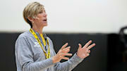 Iowa head coach Jan Jensen speaks to her team during a women’s basketball practice July 22, 2025 at Carver-Hawkeye Arena in Iowa City, Iowa.