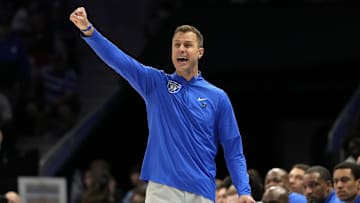 Mar 15, 2025; Charlotte, NC, USA; Duke basketball head coach Jon Scheyer in the first half of the 2025 ACC Conference Championship game against the Louisville Cardinals at Spectrum Center.