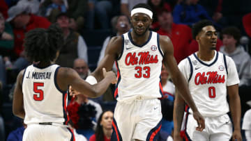 Jan 13, 2024; Oxford, Mississippi, USA; Mississippi Rebels forward Moussa Cisse (33) reacts with
