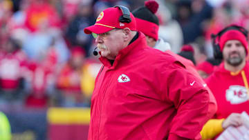Dec 21, 2024; Kansas City, Missouri, USA; Kansas City Chiefs head coach Andy Reid watches play against the Houston Texans during the second half at GEHA Field at Arrowhead Stadium. Mandatory Credit: Denny Medley-Imagn Images