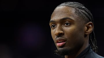 Nov. 8, 2025; Philadelphia, Pennsylvania, USA; Philadelphia 76ers guard Tyrese Maxey before action against the Toronto Raptors at Xfinity Mobile Arena.