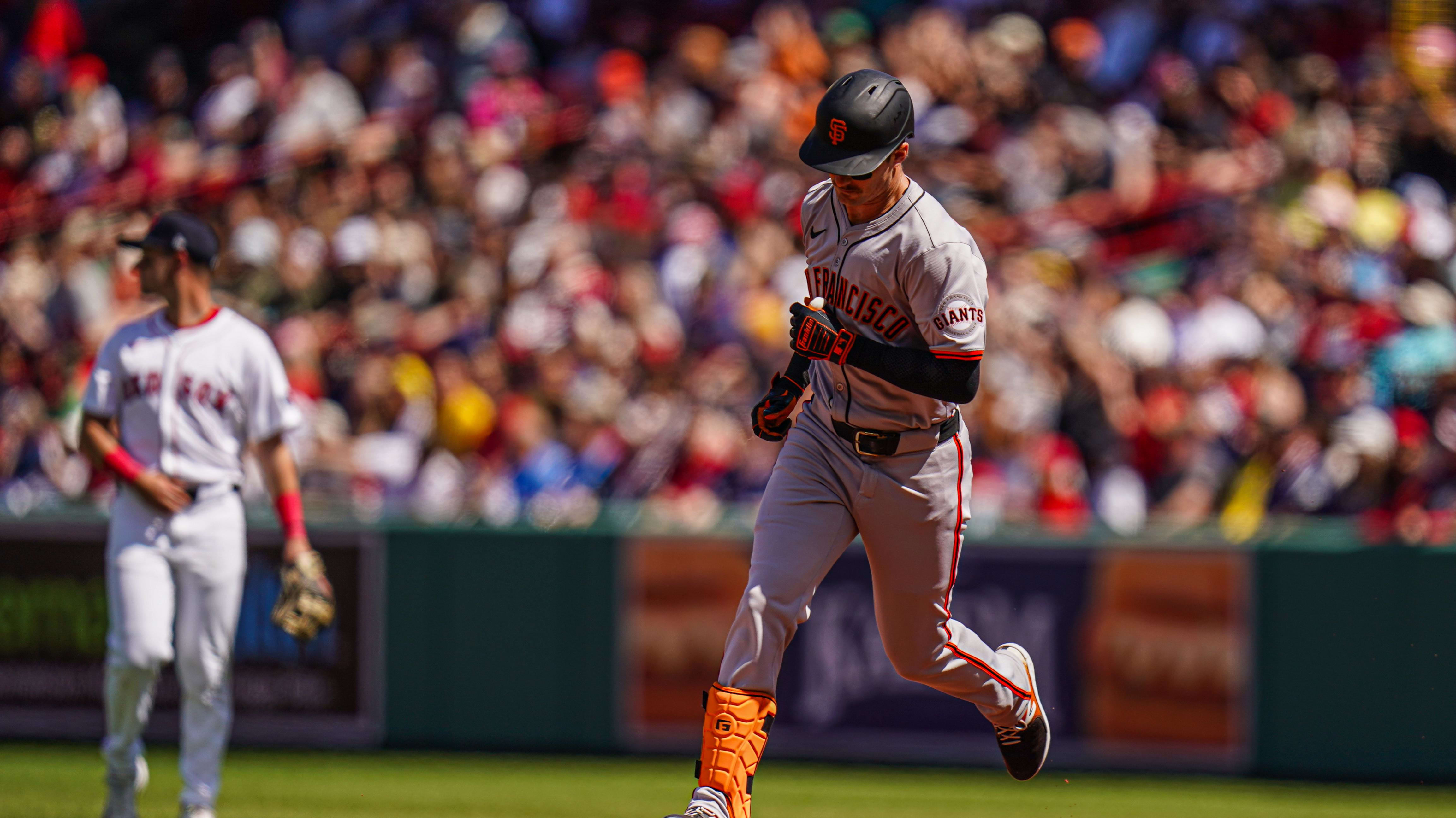 May 2, 2024; Boston, MA, USA; San Francisco Giants right fielder Mike Yastrzemski (5) round the bases at Fenway Park.