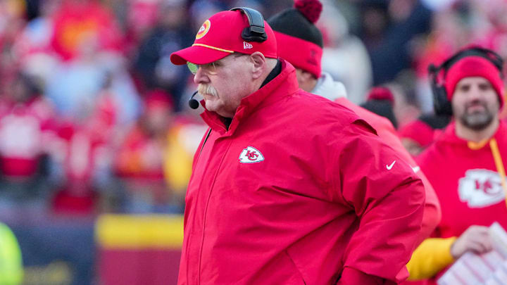 Dec 21, 2024; Kansas City, Missouri, USA; Kansas City Chiefs head coach Andy Reid watches play against the Houston Texans during the second half at GEHA Field at Arrowhead Stadium. Mandatory Credit: Denny Medley-Imagn Images